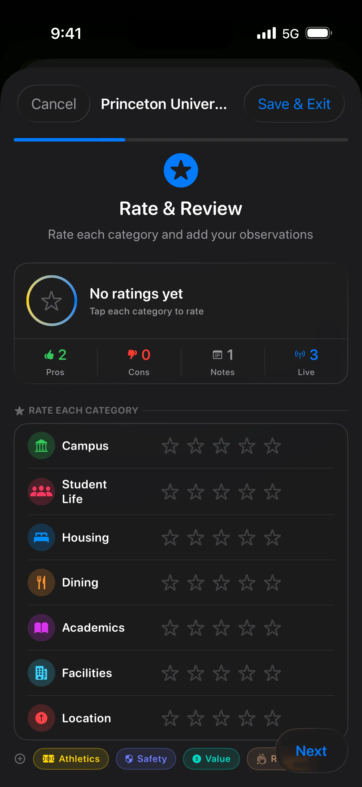 Rate and Review screen in Toured showing rating categories for a college visit